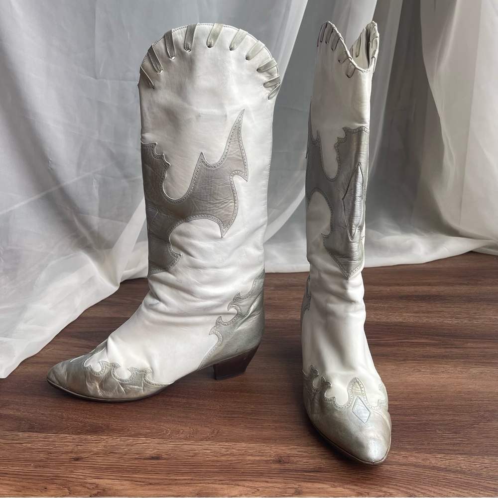 Vintage Rare Italy Arlene La Marca Cowgirl White Silver Leather Boots 10